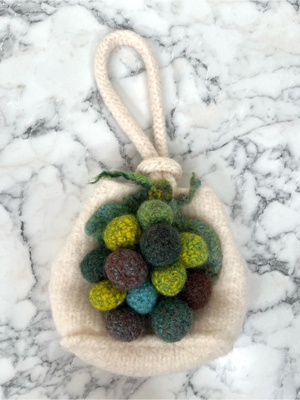 Meggie Knits handmade felted wool 3D grapes mini handbag cream green top handle